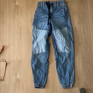 Blue Patchwork Denim Jogger Jeans